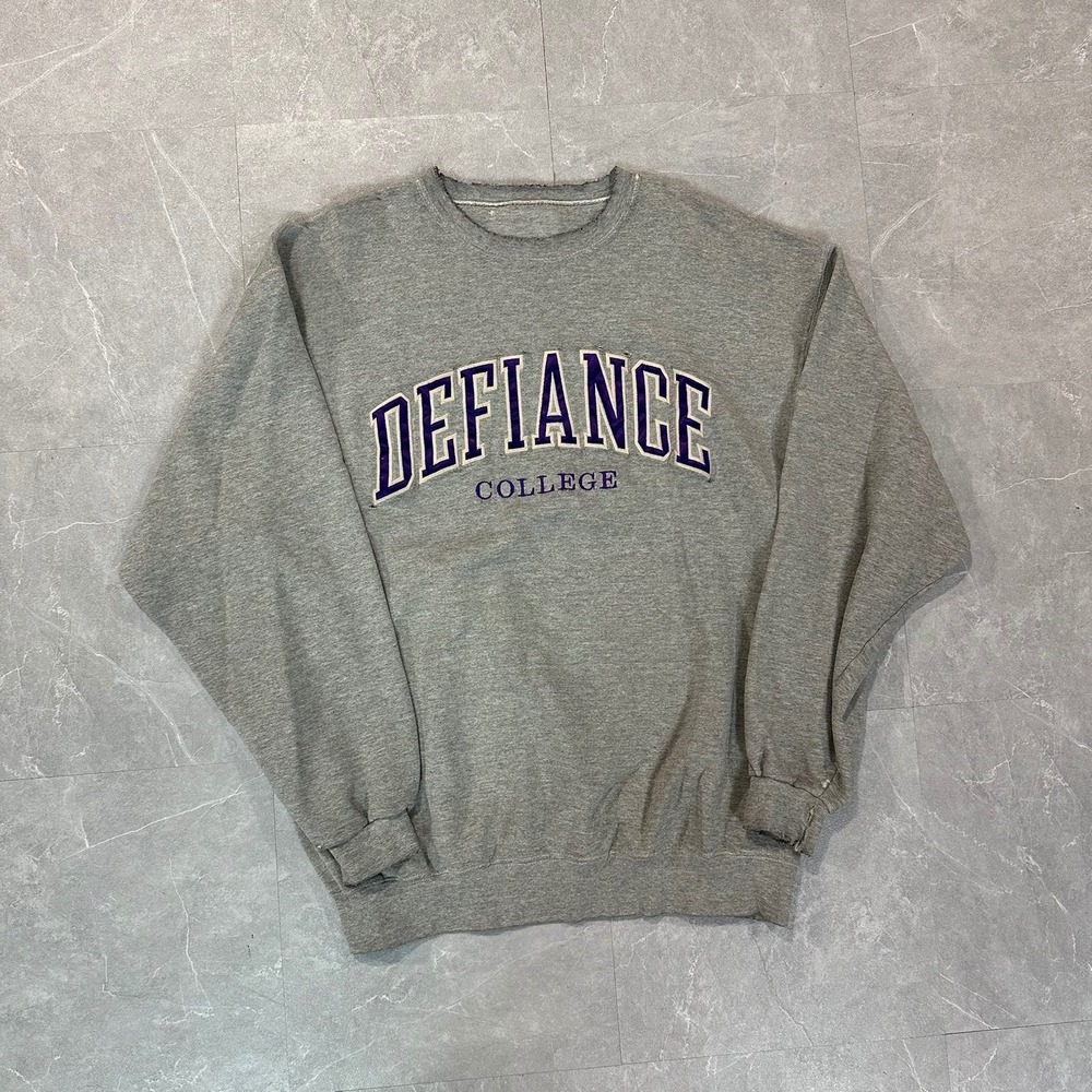 Vintage Defiance College Sweatshirt Gray Distressed Raw Neck Mens Large 3860